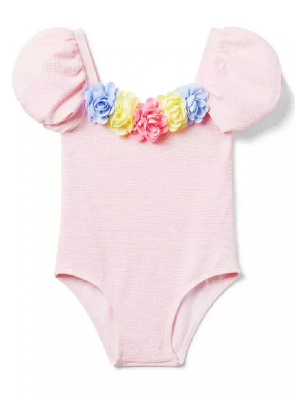 Janie & Jack one piece swimsuit short sleeve puff 3D flowers pastel toddler girl